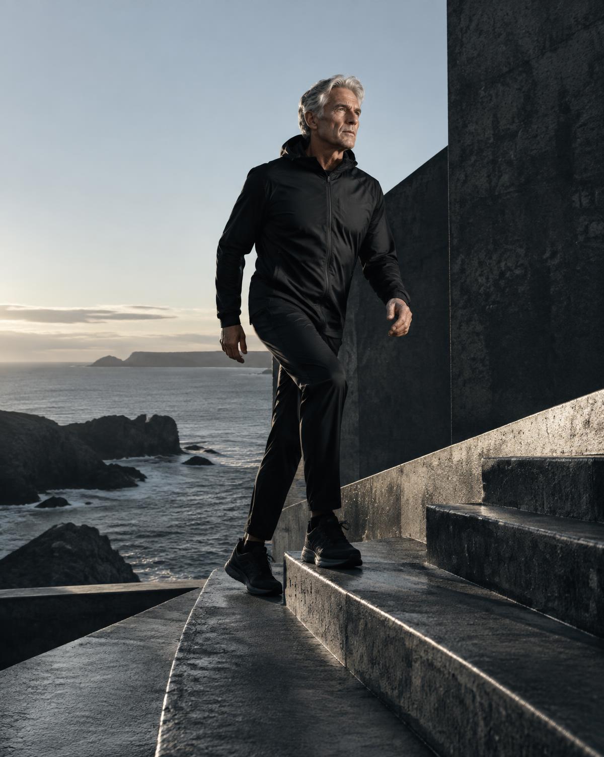 Mature man moving confidently on coastal stone steps