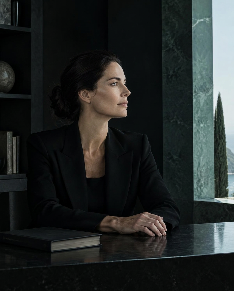 Composed mature woman in a dark architectural study