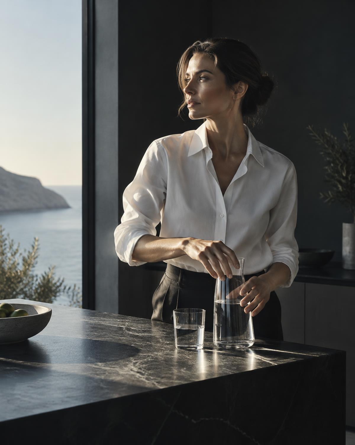 Woman beginning her morning with water in a dark coastal interior