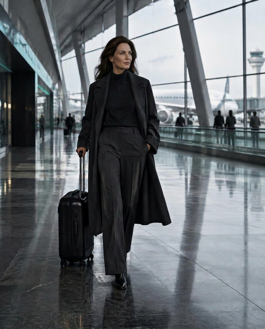 Composed mature woman in a quiet dark interior, resilience in stillness