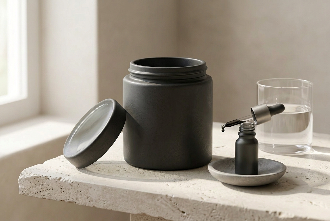 A restrained daily supplement ritual on mineral stone